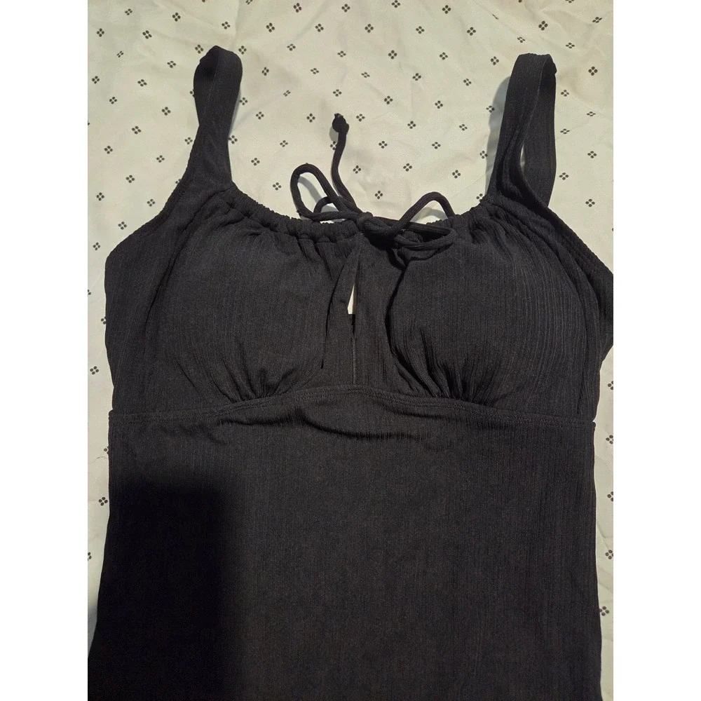 Black‎ Ribbed Tie Front Keyhole One Piece Swimsuit Womens Large